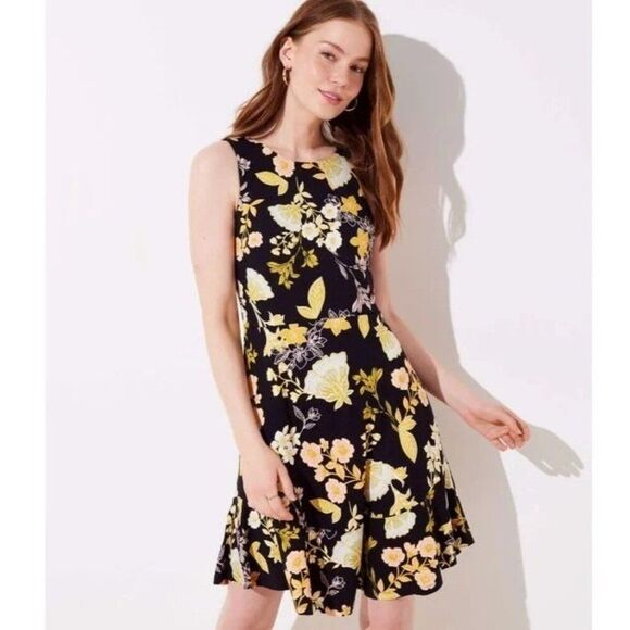 LOFT Yellow/Gold/Black Floral Dress, size 0, fit & flare style - Picture 1 of 14